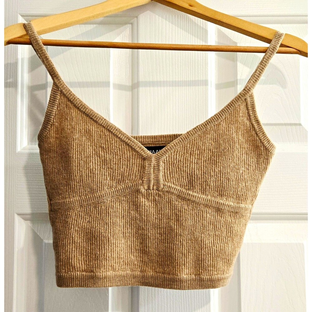 NAADAM Wool Cashmere Ribbed Cropped Tank Top Bra Bralette Camel Brown Small S